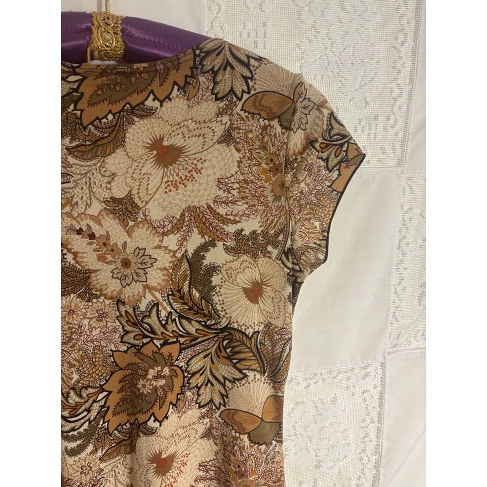 Early 2000's Brown Floral Lace Trim Faux Wrap Babydoll Blouse Size L-XL - Picture 5 of 11